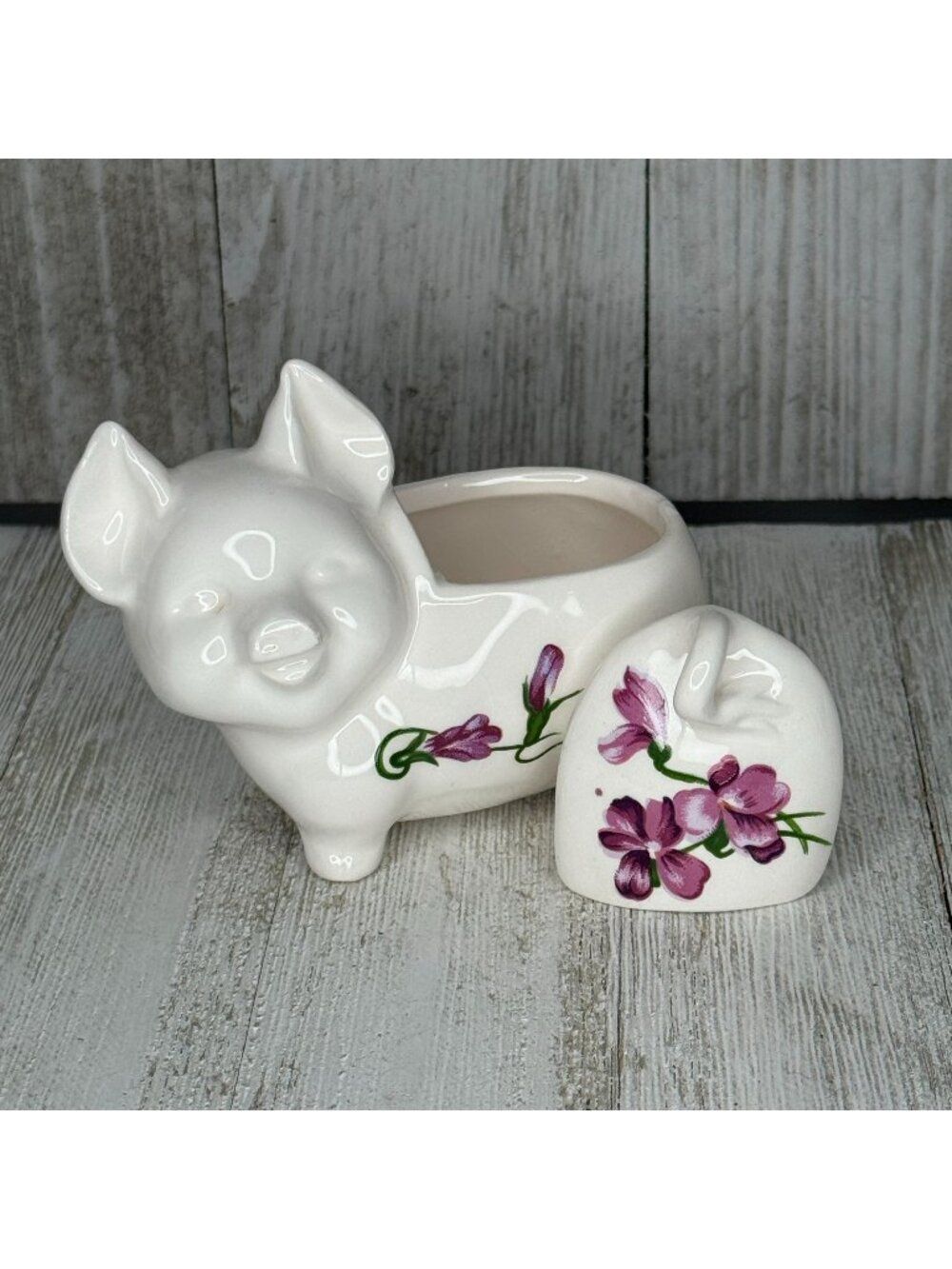 Vintage White Ceramic Pig Figurine Trinket Box with Hand-painted Purple Flowers